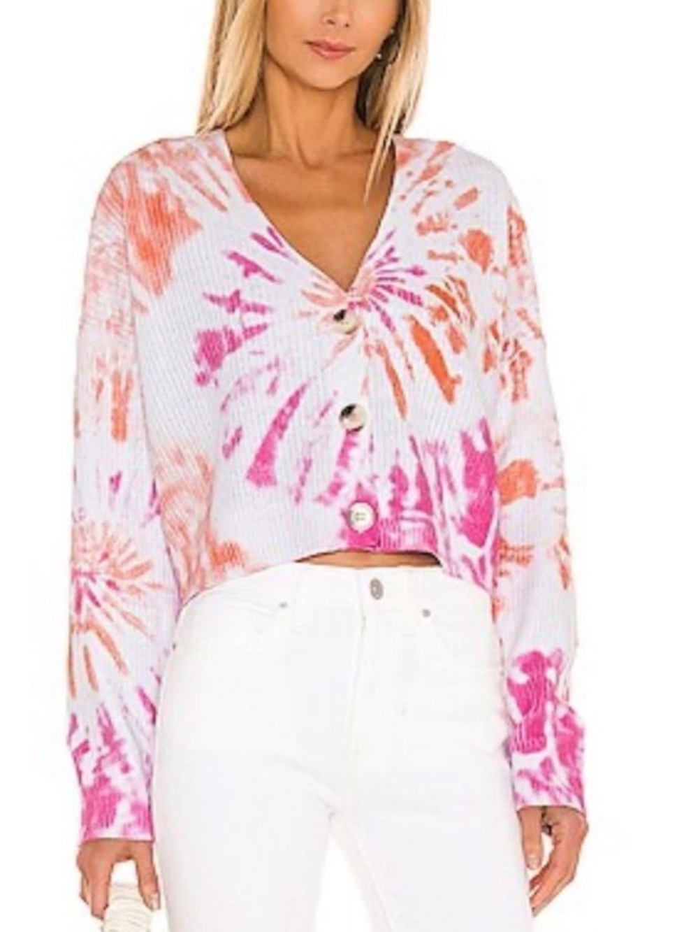 Line & dot scarlet tie dye cropped cardigan sweater pink multi sz xs